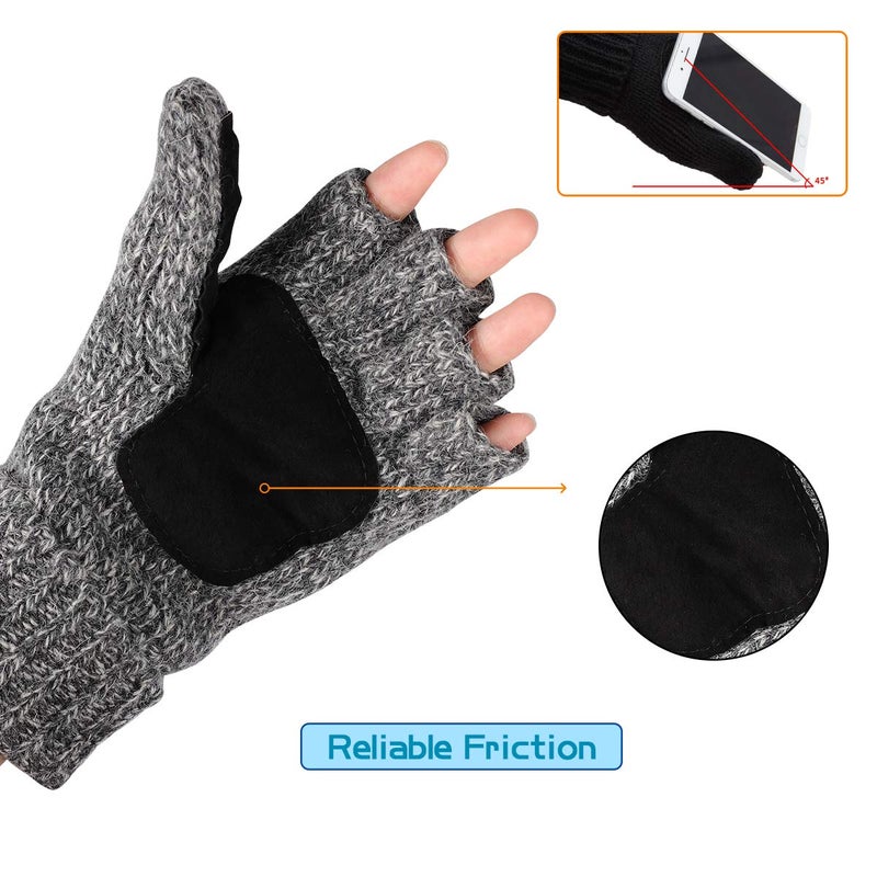 OMECHY Winter Knitted Fingerless Wool Gloves Thermal Insulation Warm Convertible Mittens Flap Cover for Men Women - Image 2